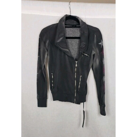 Affliction Motors Black Premium Sweater Knit Moto‎ Jacket XS Wash Out Gray Eagle - Picture 2 of 8